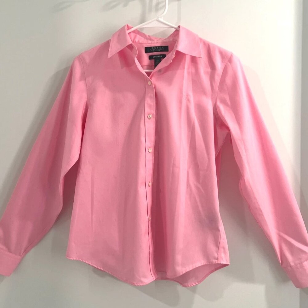 Ralph Lauren Petite PS Pink Non-Iron 100% Cotton Blouse Shirt LRL Logo Workwear